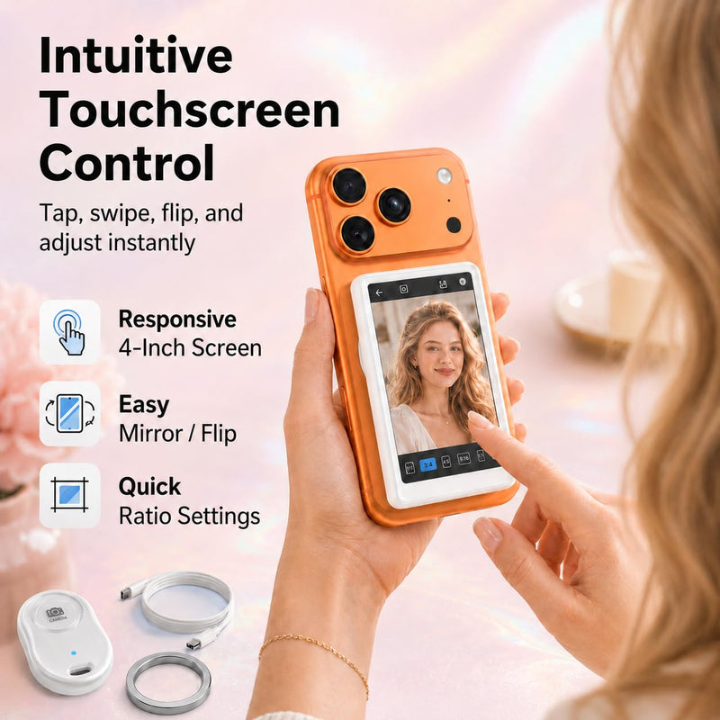 4'' Touchscreen Magnetic Vlog Selfie Monitor for iPhone & Android, 4K Wireless Mirroring Back Camera Screen with Bluetooth Remote Control, Portable Phone Display for YouTube, TikTok, Live Streaming