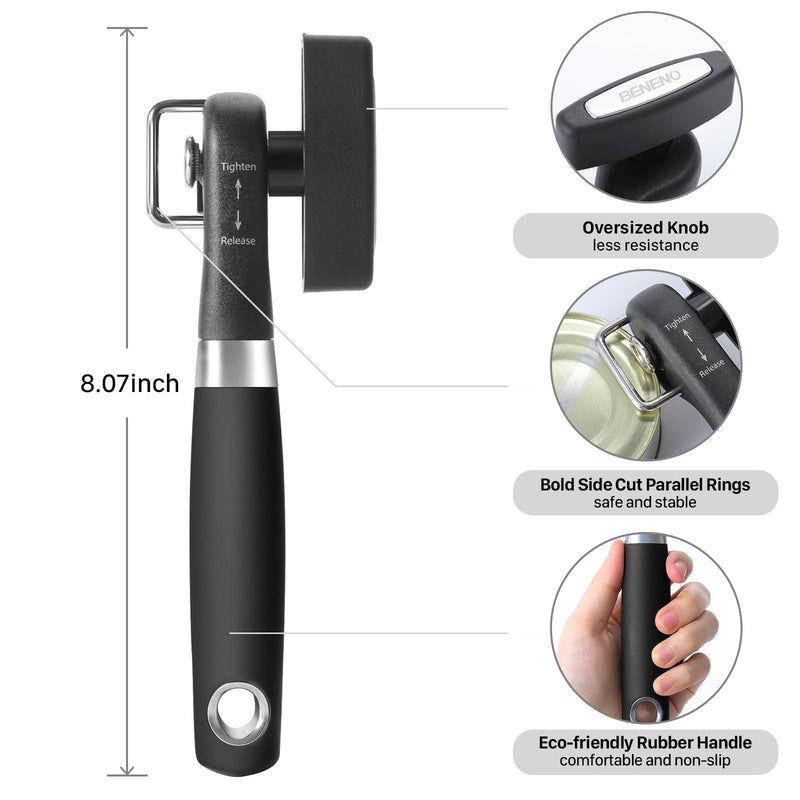 Can Opener, Safe Side Cut Manual Can Opener with Durable Sharp Blade, Smooth Edge Cutting, Effortless Big Knob, Comfortable Grip Handle, Black