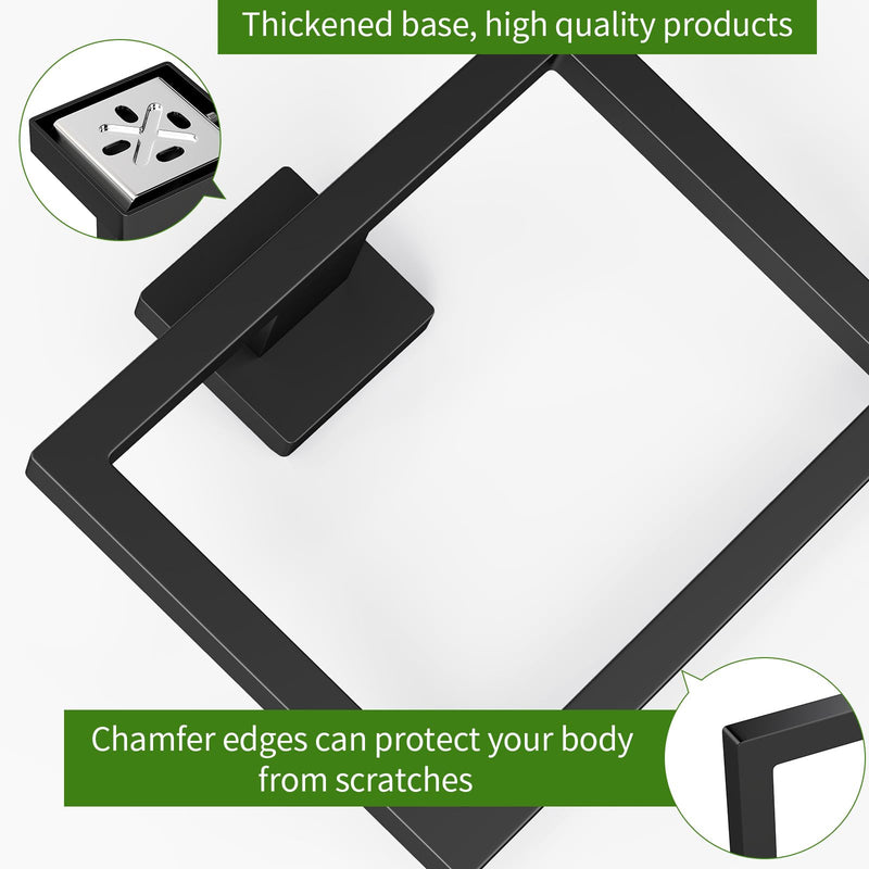 FLE Hand Towel Ring, Towel Rings for Bathroom Wall, 2 Pack, Black | Screw Mount Hardware, Stainless Steel Towel Hanger, Modern Square Hardware