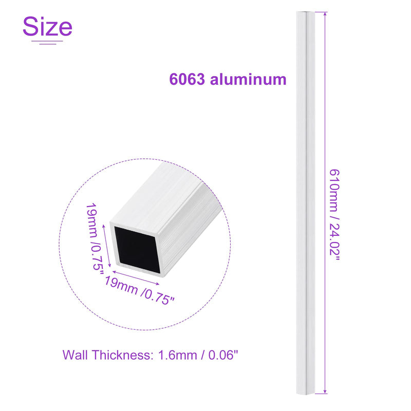 DMiotech 2Pack (19mm x 19mm x 1.6mm) 6061 Aluminum Square Tube 610mm Length Industry Metal Tubing for Machinery Frame Construction DIY Projects 2 19x19x1.6x610mm
