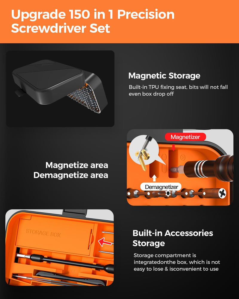 LIFEGOO Precision Screwdriver Set, 150 in 1 Magnetic Screwdriver Set with mini built-in box, Repair Tool Kit for Computer, Laptop, iPhone, Macbook, PC, PS5, Xbox Controller, Jewelers, Glasses Orange 150 in 1 orange