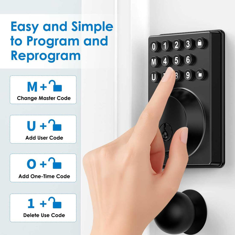 Keyless Entry Front Door Lock Keypad Deadbolt Matte Black with Latest One-Touch Simplified Program and Advanced Security Auto Lock Easy Installation 2 Spare Key