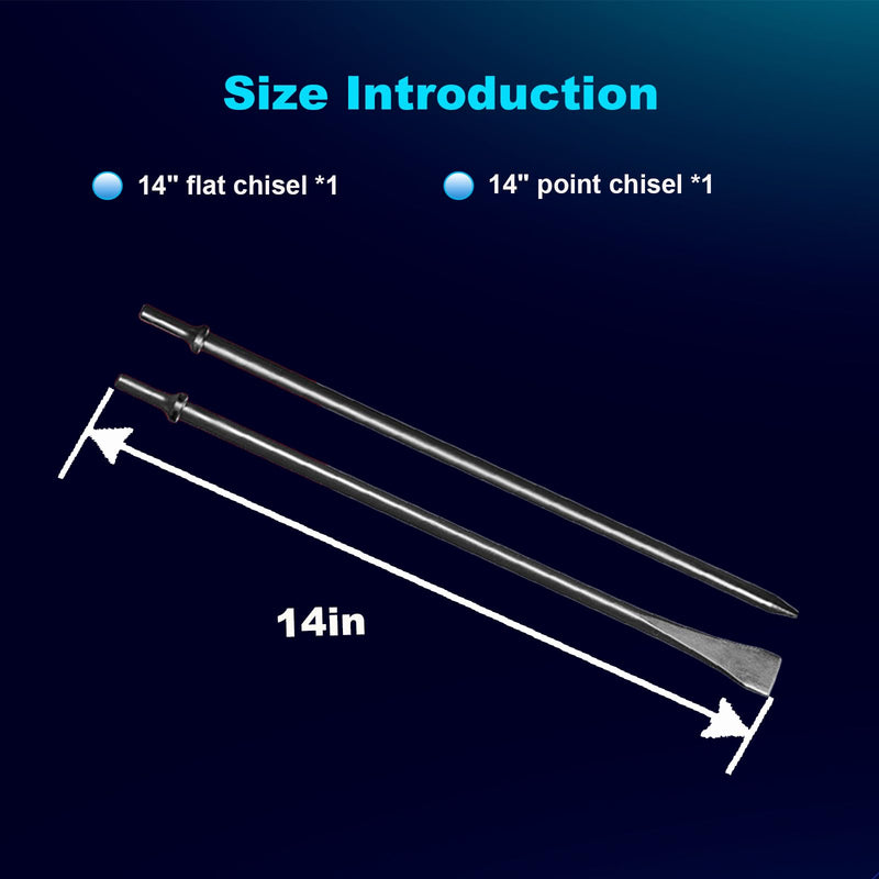 Pneumatic Cold Chisel Set, 3/4" Width 14" Long Air Pneumatic Hammer, Flat and Point Chisels with Round Collar for Concrete and Tile, Air Hammer Punch Chipping Bits Tool, Cr-Mo Alloy Steel 3/4" Width 14" Long pointed chisel and flat chisel