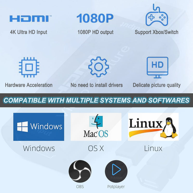 4K HDMI to USB 2.0 Video Capture Card 1080P Cam Link Card Game Capture Card Adapter Screen Record Capture Device for Streaming, Gaming, Video Conference, Teaching, Live Broadcasting Black