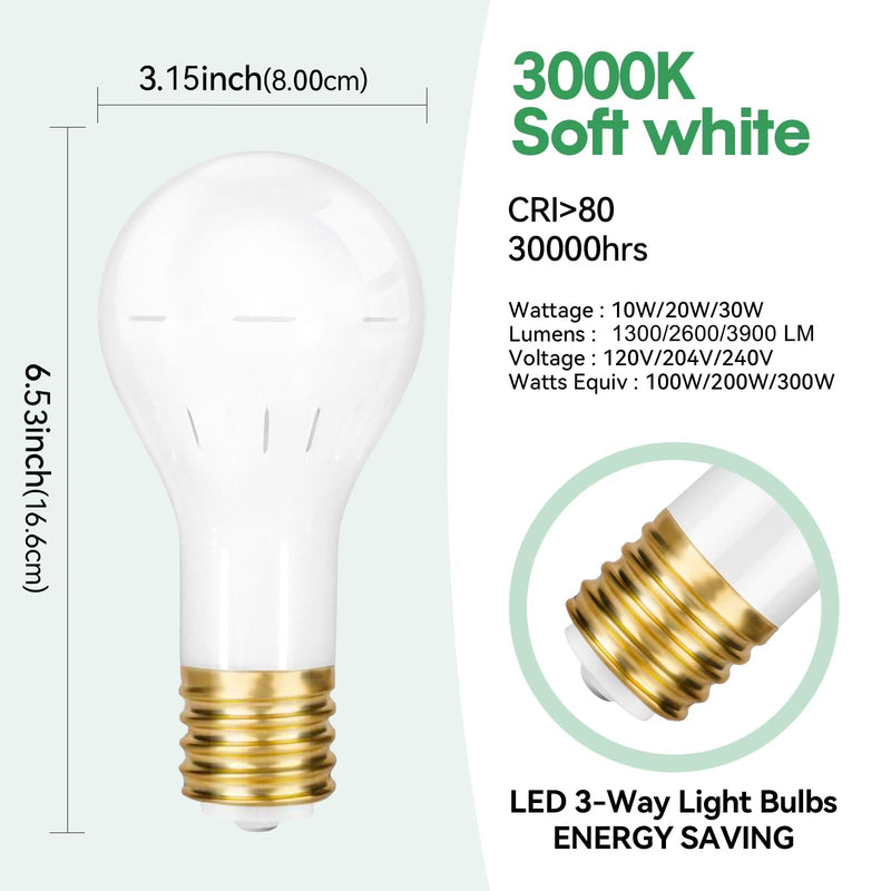 GEPLAD 2-Pack Mogul Base 3 Way LED Light Bulb, 10/20/30W, 100/200/300 Watt Equivalent, Soft White 3000K, for Antique Floor Lamp 4.5 x 5.5 inches