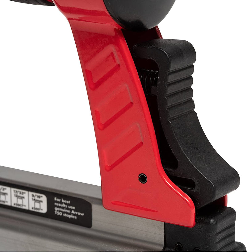 Arrow PT50 Oil-Free Pneumatic Staple Gun, Professional Heavy-Duty Stapler for Wood, Upholstery, Carpet, Wire Fencing, Fits 1/4”, 5/16”, 3/8", 1/2", 9/16” Staples , Red 1 Unit