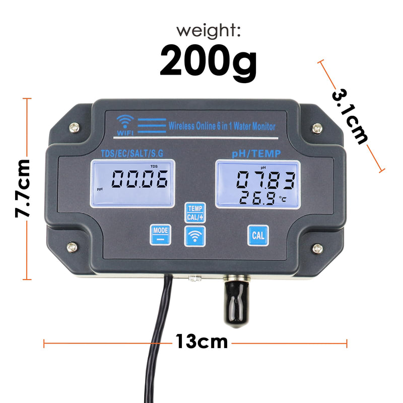 Water Quality Tester pH/EC/TDS/Salinity/SG/Temperature with Easy Calibration 24Hrs Online APP Monitoring for Fish Tank Aquariums Home Laboratory Smart Instrument 6 in 1 Digital pH Meter