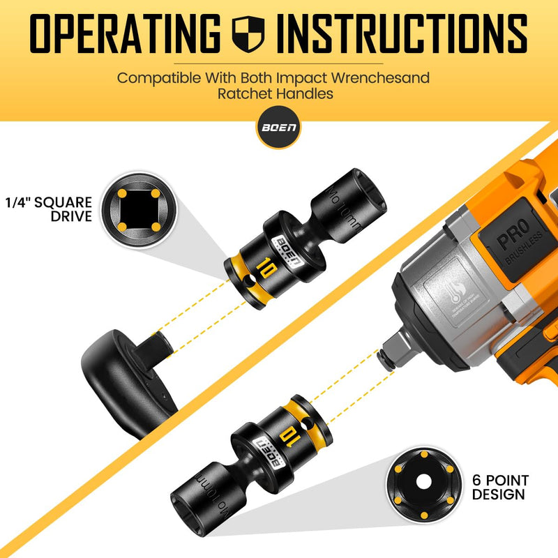 BOEN 12-Piece 1/4" Drive Metric Impact Swivel Socket Set (5-15mm), 6-Point Shallow Wobble Sockets, Cr-Mo Steel, Includes Storage Rail