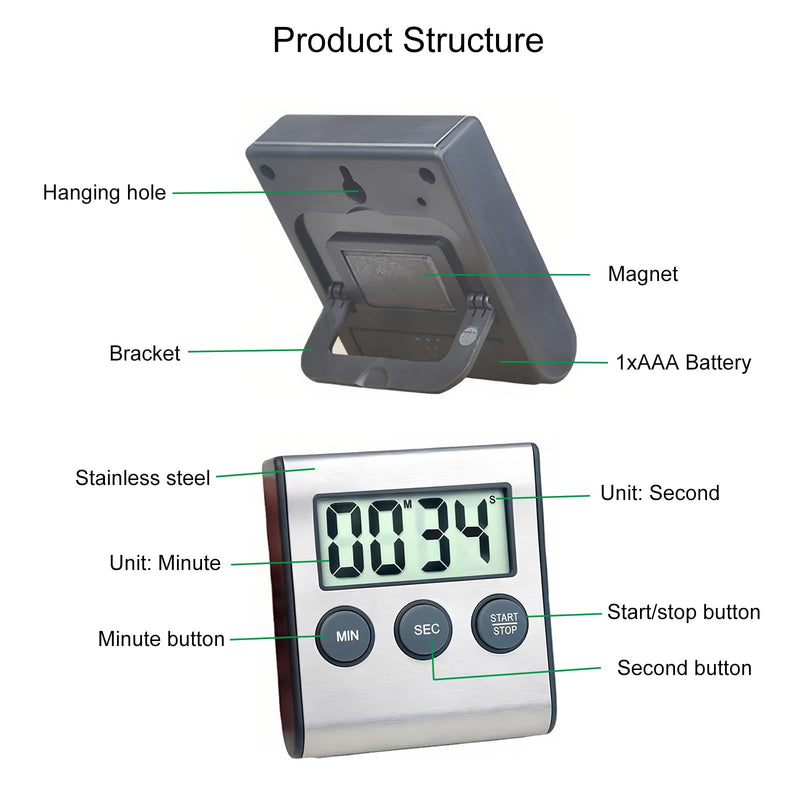 Lancoon 4 Pack Digital Timer with Magnetic Countdown Loud Alarm Hanging Hole Bracket Stainless Steel Battery Easy to Carry for Kitchen Cooking Baking Sports (Silver)