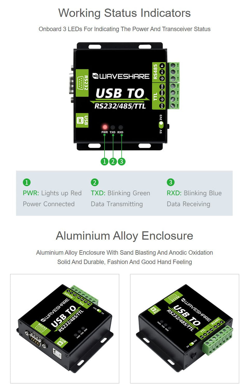 Waveshare USB to RS232 / RS485 / TTL Industrial Isolated Converter with Original FT232RL Embedded Protection Circuits and Aluminium Alloy Enclosure for Industrial Control Equipments USB TO RS232/485/TTL