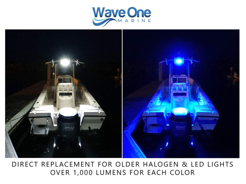 Wave One Marine Dual Color LED Boat Spreader Light Deck Flood Beam Stainless Hardware & Bracket IP68 Waterproof Multicolor Bright High Lumen Output (White Housing, White & Blue) White Housing White | Blue