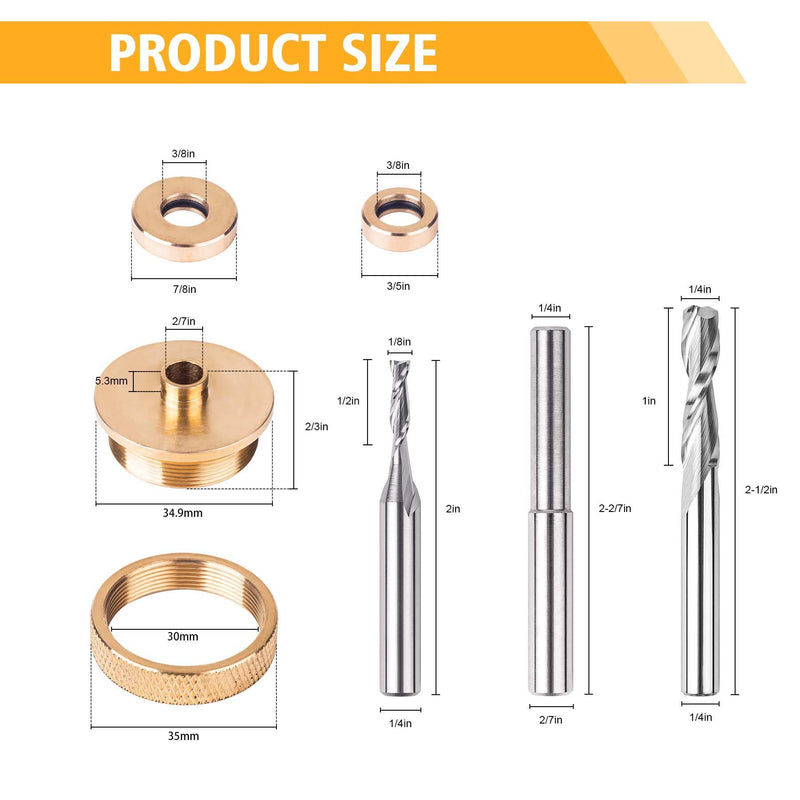 SpeTool Router Inlay Kit, Solid Brass Inlay Bushing Kit Includes 1/8 Inch and 1/4 Inch Cutting Diameter with 1/4 Shank Carbide Spiral Upcut Bit, Router Bushing Guide Set for Wood
