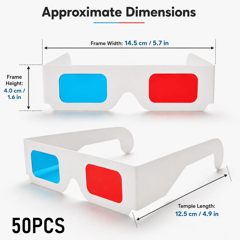 3D Cardboard Glasses, Red Blue and Cyan, 50 Pairs | Universal Stereoscopic, For Movies At Home, Movie-Specific Colors