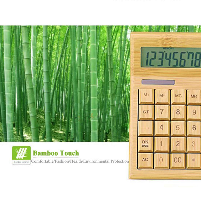 Omio Natural Bamboo Solar Multifunctional Wood Calculator - 12-Digit Large Display Desk Calculator with 29 Big Buttons for Home, Office, School, Store