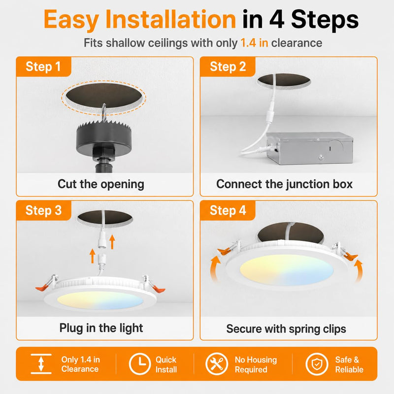 ORALUCE LED Recessed Lighting 6 Inch with Junction Box, 2 Pack | Ultra-Thin,5CCT 2700K/3000K/4000K/5000K/6500K,CRI90+,12W 100W Eqv 1050LM Canless Downlight for Kitchen Living Room