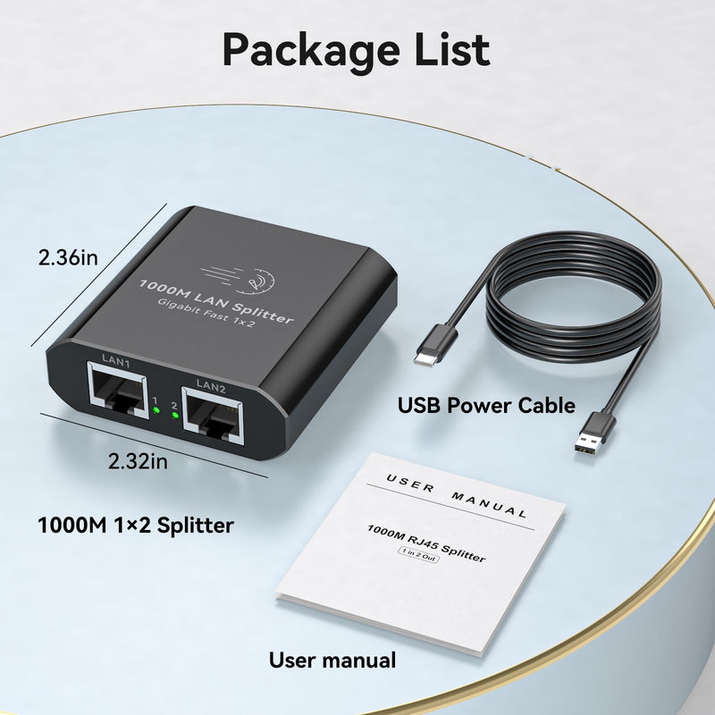Ethernet Splitter 1 to 2 1000Mbps Internet Cable Splitter 1 in 2 Out High Speed Either Network Splitter Gigabit Dual LAN RJ45 Port Router Switch Work with Cat6/7/8 Cable Ethernet Splitter 1 to 2