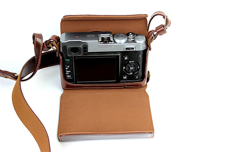 X100 Case, BolinUS Handmade PU Leather Fullbody Camera Case Bag Cover for Fujifilm Fuji X100 X100S X100T Bottom Opening Version + Neck Strap -Coffee Multi-Colored
