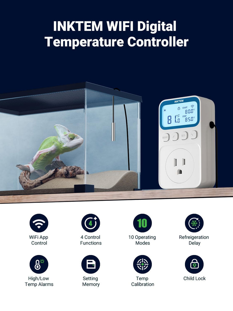 WiFi Plug in Thermostat Outlet, Temperature Controlled Outlet with Smart APP, Timer & Memory Digital Temp Controller -40~212℉, IP67 Waterproof Probe for Incubator Homebrew Reptile Space Heater | 16A