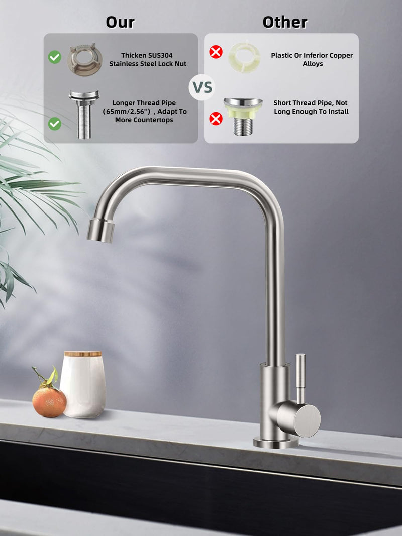 Cold Only Water Faucet Single Hole Kitchen Sink Faucet SUS304 Stainless Steel Brushed Nickel