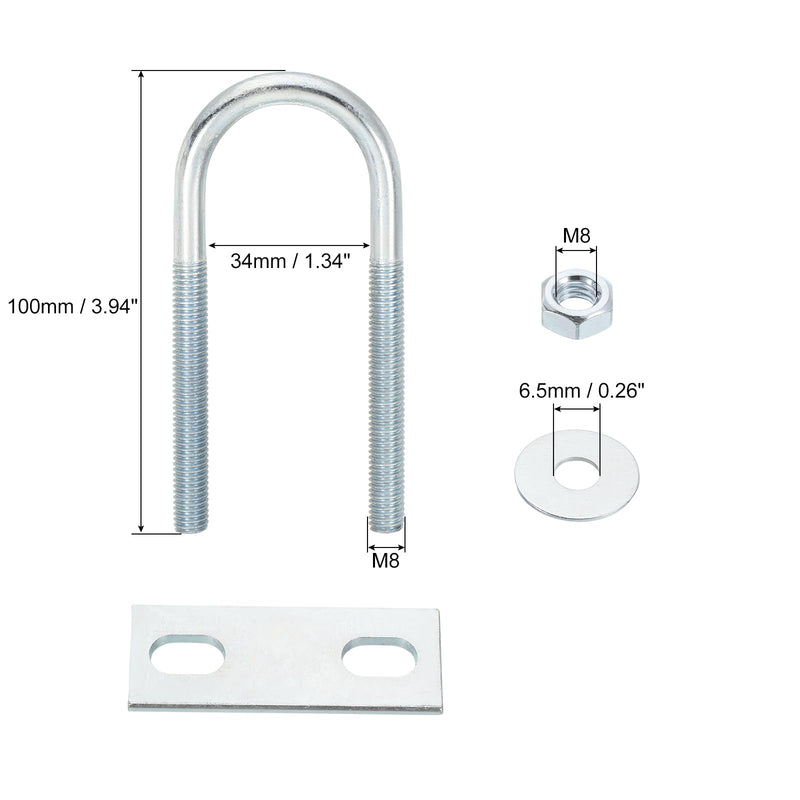 uxcell Round U-Bolts, 8 Set 34mm Inner Width 100mm Length M8 Zinc-Plated Carbon Steel U Clamp Bolt with Nuts and Plates, for Boat Trailer