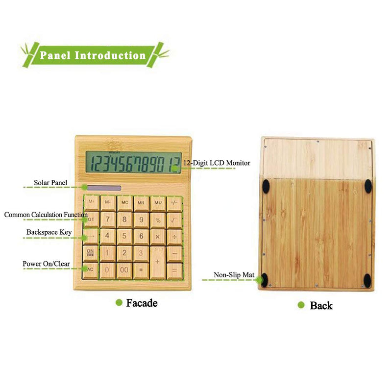 Omio Natural Bamboo Solar Multifunctional Wood Calculator - 12-Digit Large Display Desk Calculator with 29 Big Buttons for Home, Office, School, Store