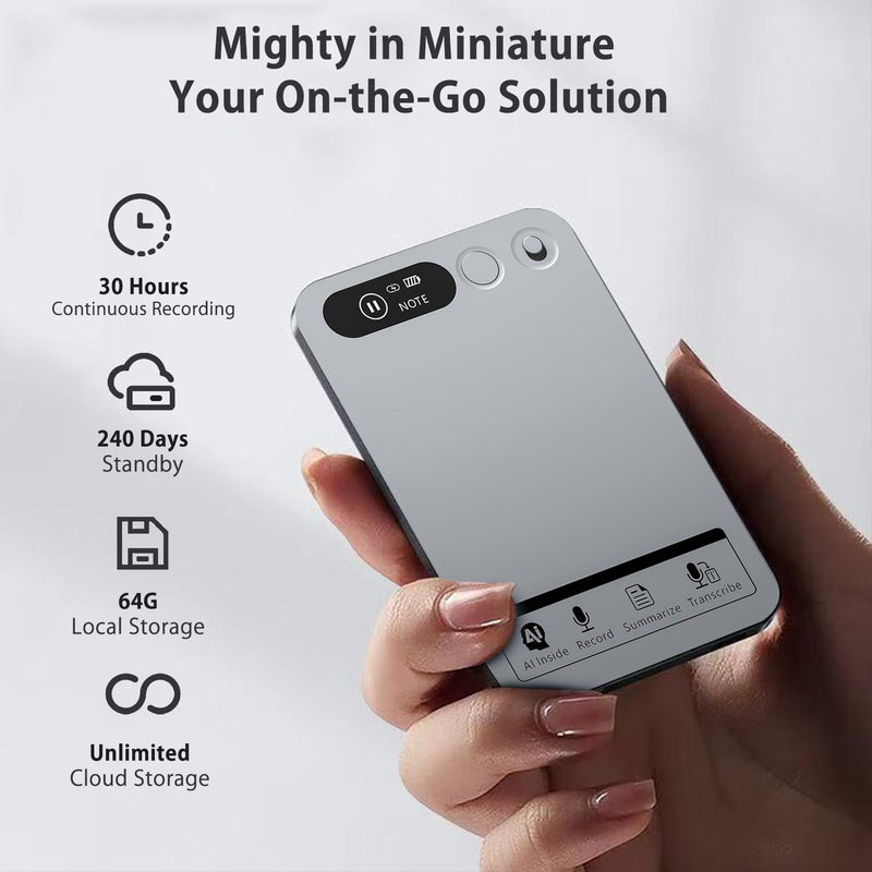 AI Note Taker Device, Smart Voice Recorder with AI Transcription, 64GB Audio Recorder for Meetings, Lectures & Phone Calls, Speech to Text Recorder, App Controlled grey