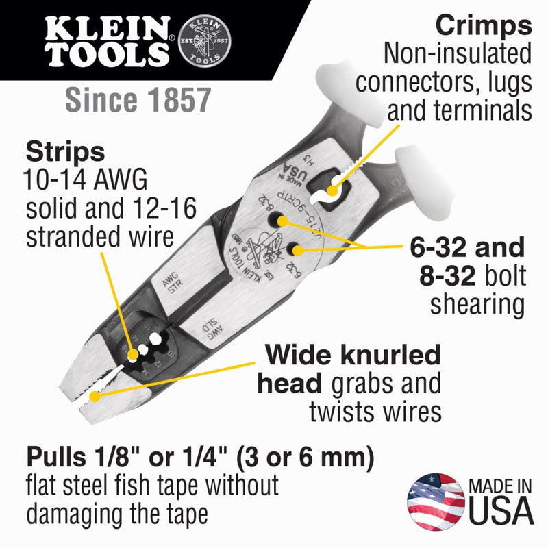 Klein Tools J2159CRTP Side Cutting Pliers, Made in USA, 9-Inch Journeyman High Leverage Hybrid Pliers with Crimper, Fish Tape Puller and Wire Stripper Multitool Pliers