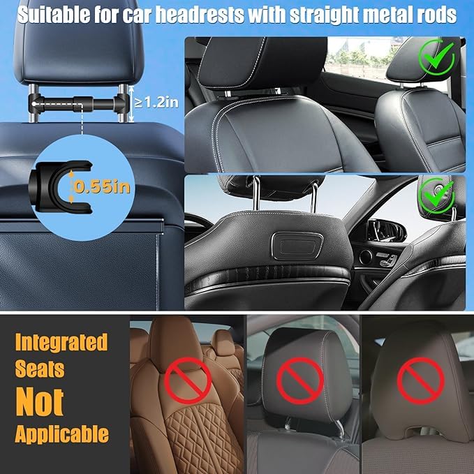 Universal Car Headrest Tablet Mount for iPad Tablets, Nintendo Switch, iPhone, Smartphones, Compatible w/ 4.5"-10" Device, 360° Rotation, Easy Installation, Black