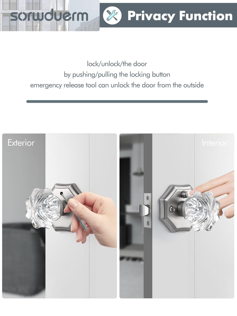 1 Pack Glass Door Knobs Nickel Door Knob Interior Satin Nickel Privacy Brushed Nickel Glass Silver Door Knob for Bedroom and Bathroom Crystal Door Knobs 1