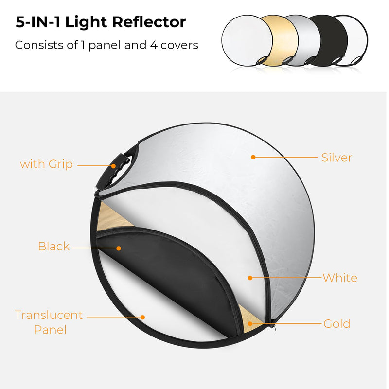 K&F CONCEPT 5-in-1 Light Reflector with Grip 22"(60cm) Photography Diffuser Collapsible Portable for Studio and Outdoor Lighting Gold Silver White Black Translucent 22'' (60cm)