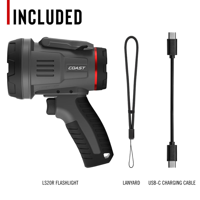 Coast LS20R 2500 Lumen Waterproof Rechargeable Spotlight, 1/4 Mile Rand, 20 Hour Runtime, Spot & Flood Beams, IP67, Floats in Water