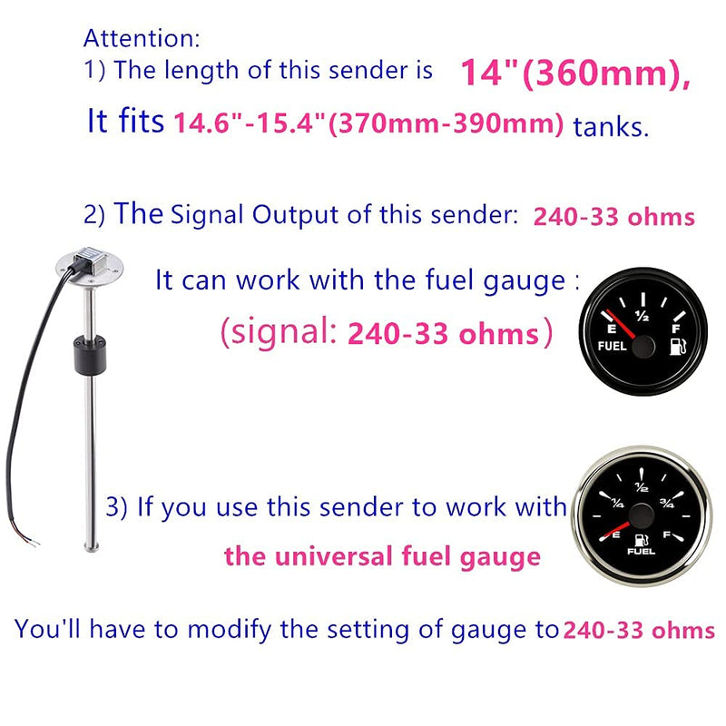100TECH Fuel Sending Unit 240-33 ohms 14"(360mm) Marine for Boat Vehicle Truck RV Fuel Tank Sending Unit Fuel Water Level Sending Unit Fuel Gas Sender Fuel Water Level Sensor Fuel Gauge Sending Unit 14" 240-33 ohms Sender