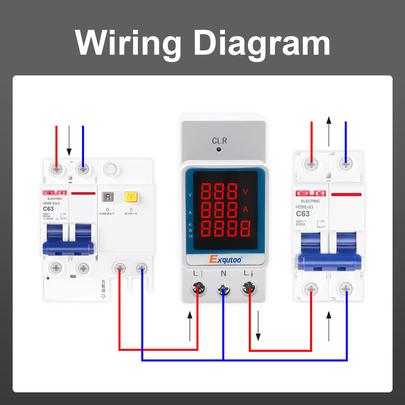 Exqutoo Digital Display Energy Meter - AC Rail-Mounted Meter Electricity Usage Monitor for Voltage, Current, and Energy Consumption Measurement - GT2P-UID, AC 80~270V, 0~100A, 50/60Hz 3 Functions Digital Display