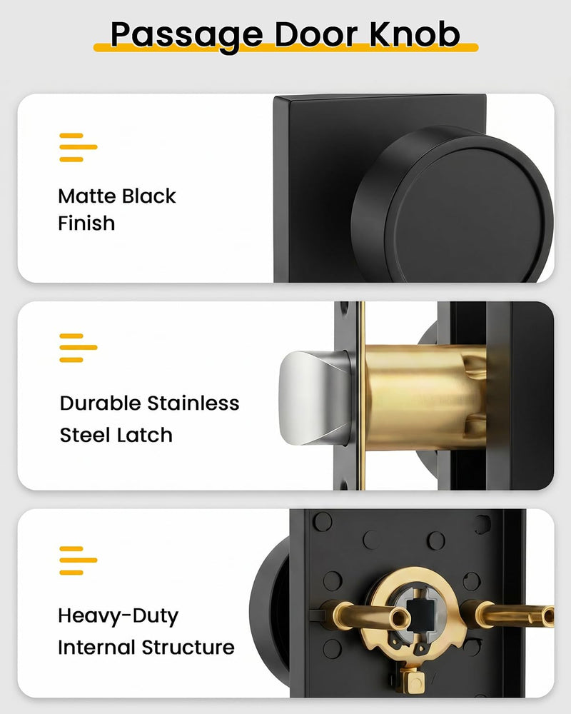 Goldenwarm Matte Black Door Knobs Passage, Closet Door Knob Zinc Alloy, Contemporary Black Interior Door Knobs for Hallway, 1 Pack