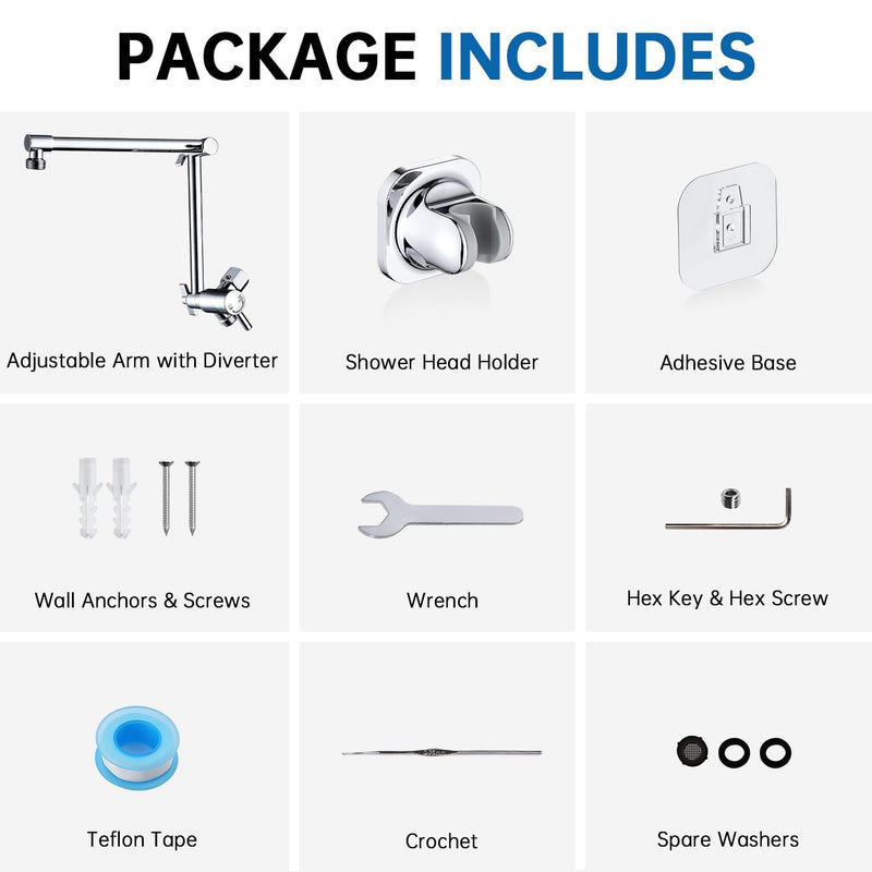 G-Promise Metal 13 Inch Shower Head Extension Arm with Diverter, Handheld Holder Included, G1/2 Universal Thread Rain Shower Arm, Brass Adjustable Extender with 3-Way Diverter, Chrome