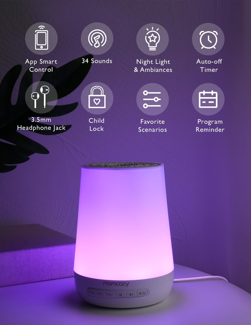 Baby Sound Machine, Momcozy White Noise Machine for Baby Sleeping with Night Light, Toddler Sleep Trainer 34 Soothing Sleep Sounds, Timer, App Remote Control, Personal Sleep Routine Alarm Clock(Blue) Blue
