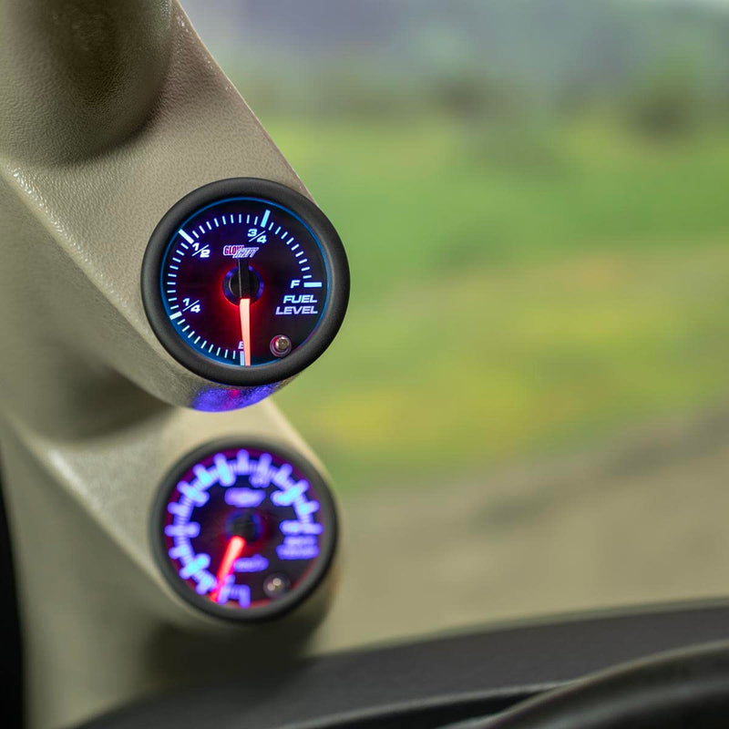 GlowShift Tinted 7 Color Adjustable Fuel Level Gauge - Black Dial - Smoked Lens - for Gas & Diesel Vehicles - 2-1/16" 52mm