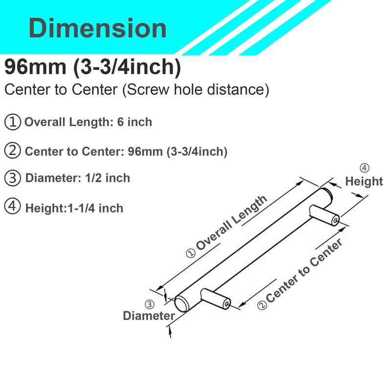 Modket Euro Round Cabinet Handles Pulls 304 Stainless Steel — 6" Overall Length, 3-3/4" (96mm) Hole Centers, Matte Black— 10-Packs 6" Length (3-3/4" [96mm] Hole Center)