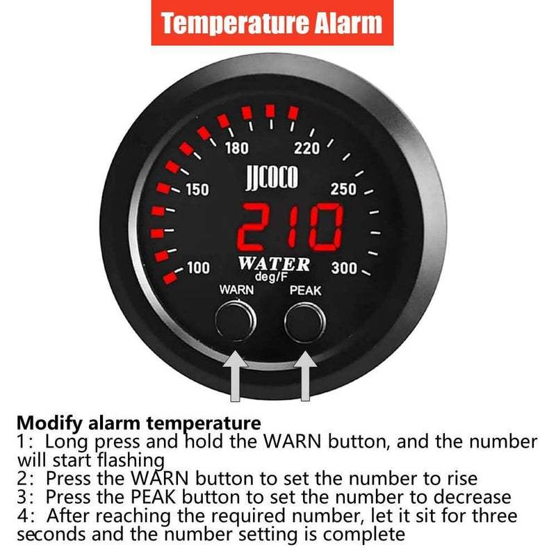 Universal 52mm Water Temperature Gauge with Alarm and 1/8 NPT Sensor Car Digital Meter Red Display Temp 100-300F(38-150C) Red Water Temperature Gauge
