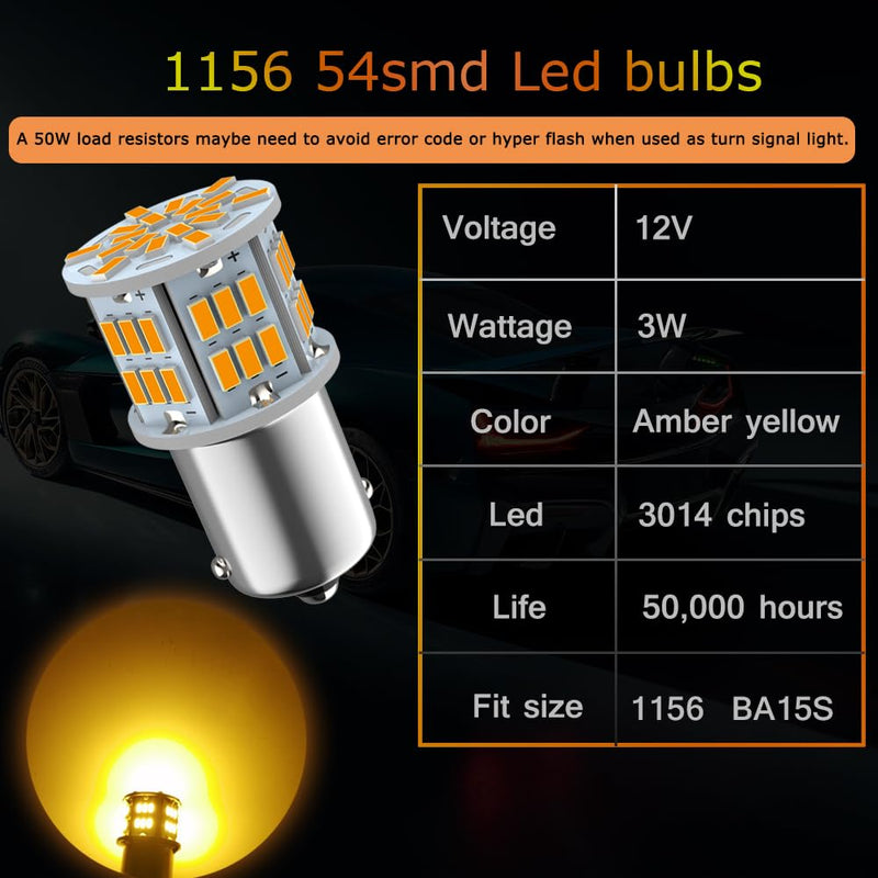 1156 Bulb Amber Yellow, 1141 1003 BA15S Led, 12V-24V 54-SMD 3014 Chips LED Bulbs for RV Camper Trailer Trunk Vehicle Interior Lights Tail Backup Reverse Lights Parking Lights 4pcs
