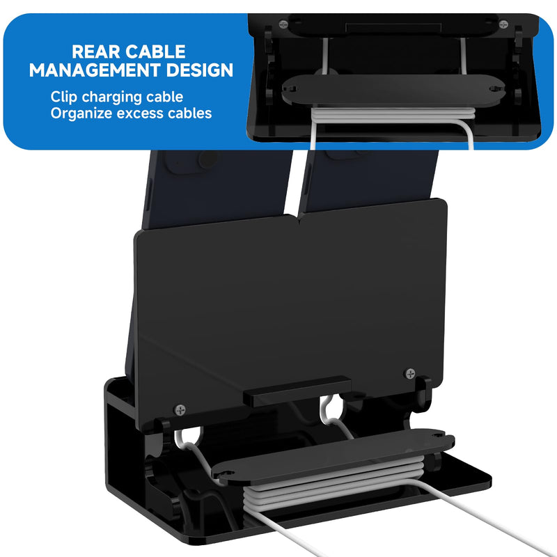 Dual Phone Holder Organizer Stand for 2 Phones, Acrylic Desktop Universal Mobile Phone Docking Station Charger Holder with Cable Management, Black