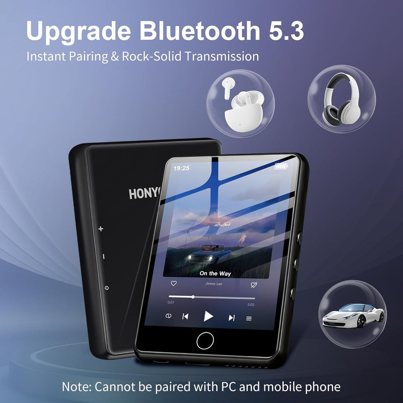 HONYGENAL2.8 Display Bluetooth MP3 Player, 64GB Portable HiFi Music Player, Bluetooth 5.4, Built-in HD Speaker, FM Radio, Voice Recorder, E-Book, Comes with Earphones, Black