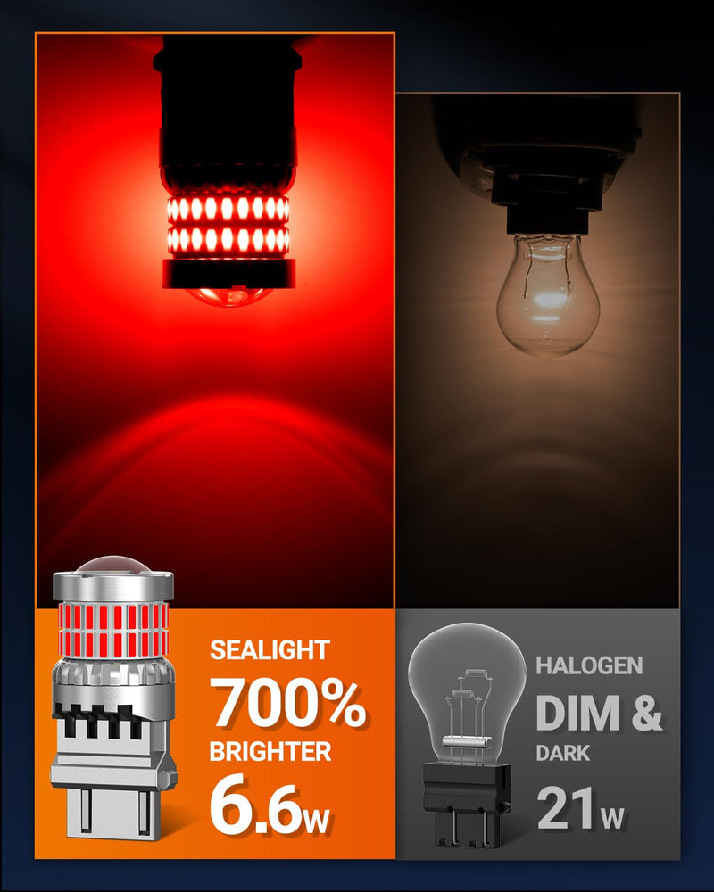 SEALIGHT Brake Light Bulbs 3157 LED Bulb Red, 700% Brighter 3156 3057 4157 4114 LED Bulb 57-SMD LED Chipset with Projector Len for Blinker Brake Light, Tail Light, Stop Parking Lights, Pack of 2