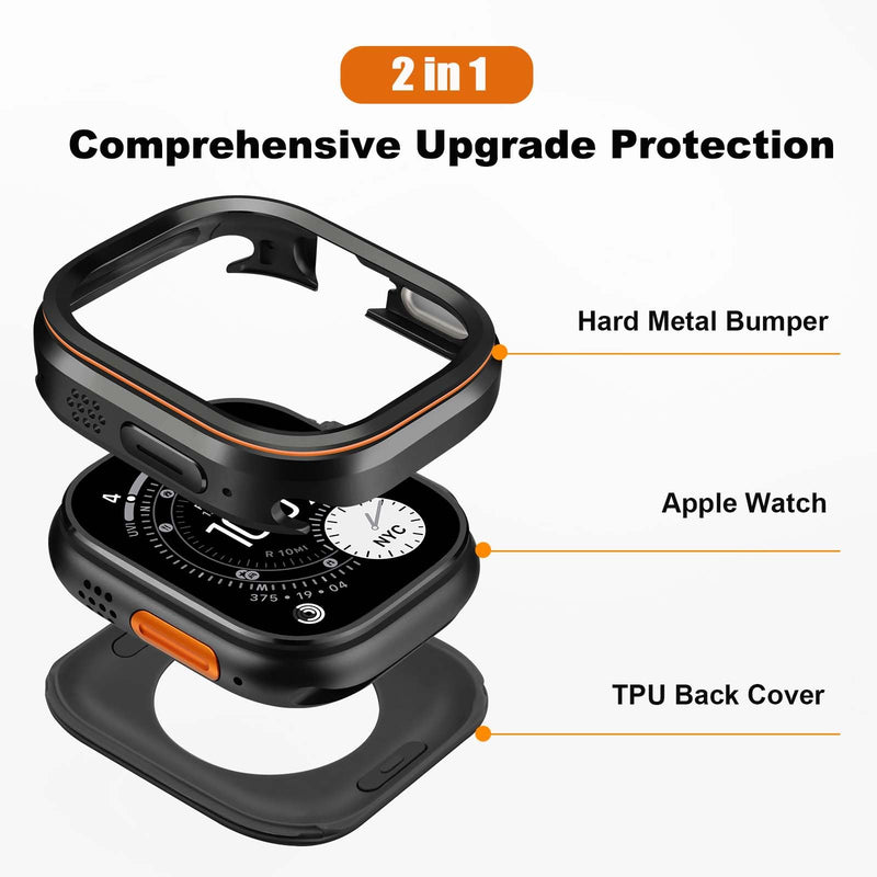 Metal Cover Compatible with Apple Watch Ultra 3/2/1 Case 49mm | 2 in 1 Protective Rugged Bumpe for iWatch Ultra 49mm (Black) Black