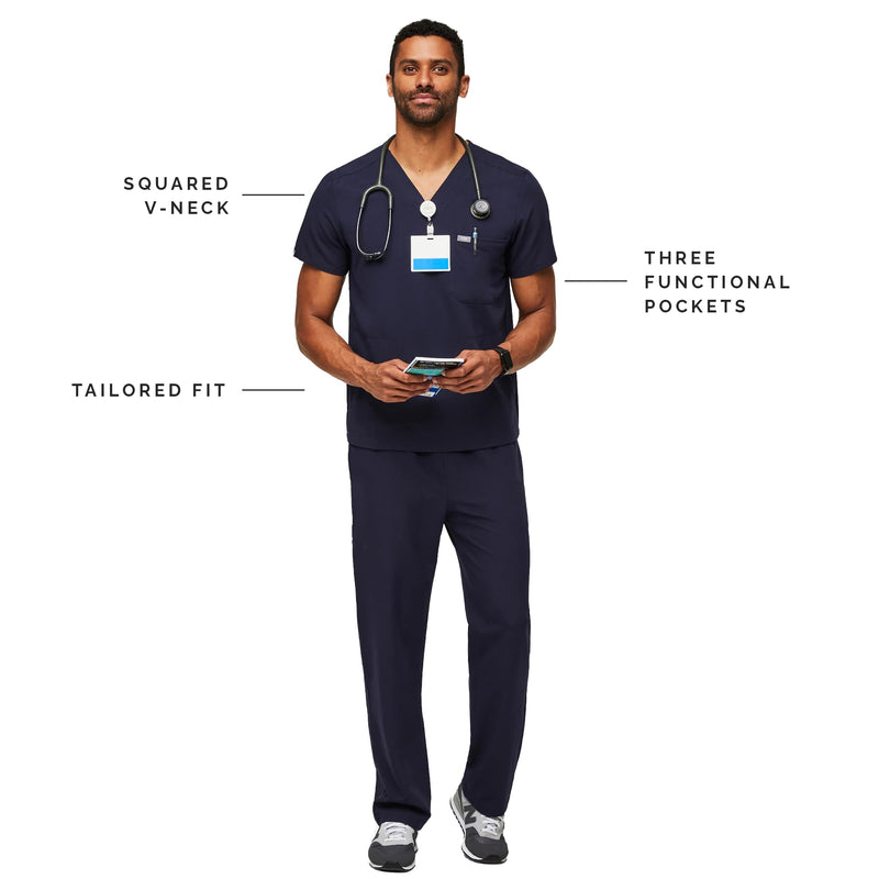 FIGS Chisec Scrub Top for Men – 3 Pockets, Tailored Fit, Squared V-Neck, 4-Way Stretch, Moisture-Wicking Large Navy Blue