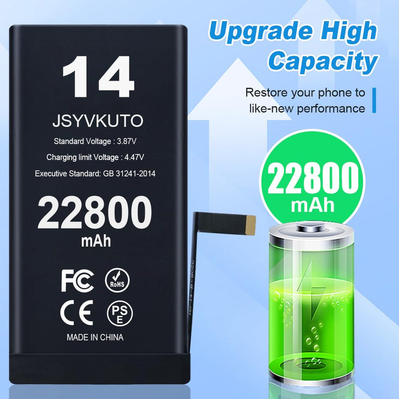 22800mAh Battery for iPhone 14, New 0 Cycle Upgraded Higher Capacity Replacement Battery for iPhone 14 with Full Set Repair Tool Kit, Model A2882, A2649, A2881, A2884, A2883 14-22800