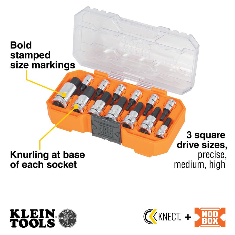 Klein Tools 65213HEXM Knurled Hex Bit Metric Socket Set, 1/4, 3/8 and 1/2-Inch Drives, Premium Cr-V Steel, Metric Sizes 2 mm to 14 mm, MODbox Case, 13-Piece