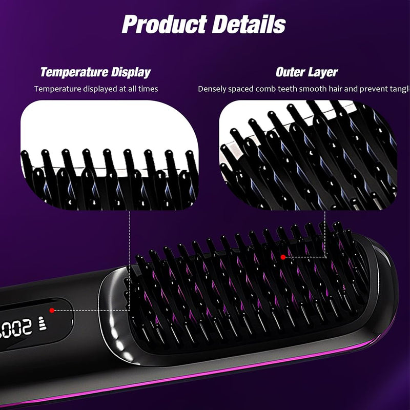 GlowWave Heated Brush, 2026 Cordless Hair Straightener Brush, 3 Heat Settings & LED Screen Glowcept Heated Brush, Portable & Rechargeable Heated Styling Brushes for Travel & Everyday Use (Black)