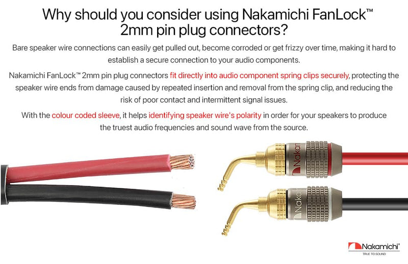 Nakamichi FanLock Excel Series 24k Gold Plated 2mm Pin Plug Banana 10 AWG - 18 AWG Gauge Size 4mm for Spring Clip Speakers Amplifier Hi-Fi Home Theatre Wire Cable Quick Connector, 10 Pcs (5-Pairs) 10 Pcs (5-Pairs)
