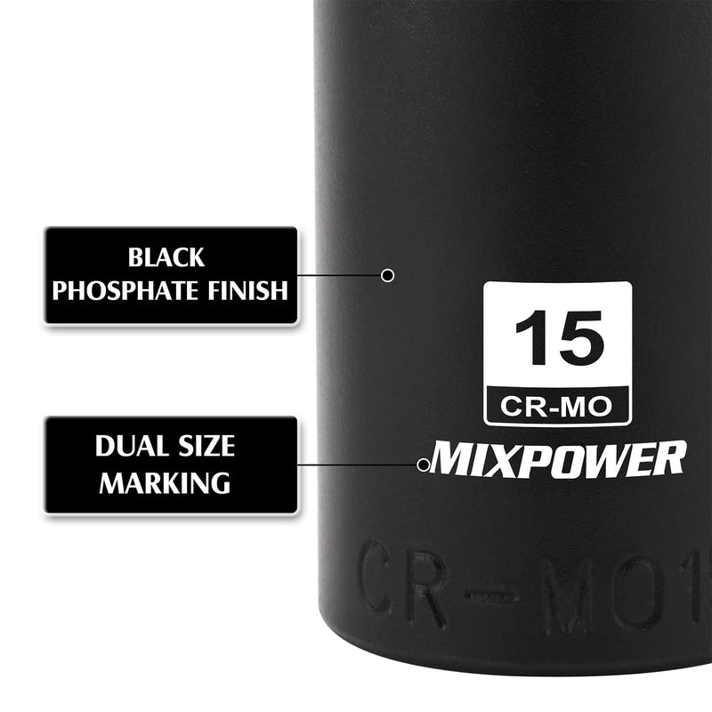 MIXPOWER 1/4" Drive Deep Magnetic Impact Socket Set with Storage Rails, 14-Piece, 6 Point, 4-15mm, Metric, CR-MO 1/4"Dr.Deep
